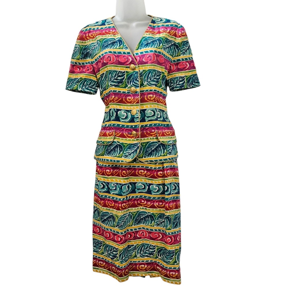 Rickie Freeman Teri Jon Linen Jacket Silk Skirt Suit Set Womens 4 Lined Tropical